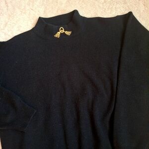 Cappagallo Black Mock Neck Lambswool Sweater Gold Tassel Detail L